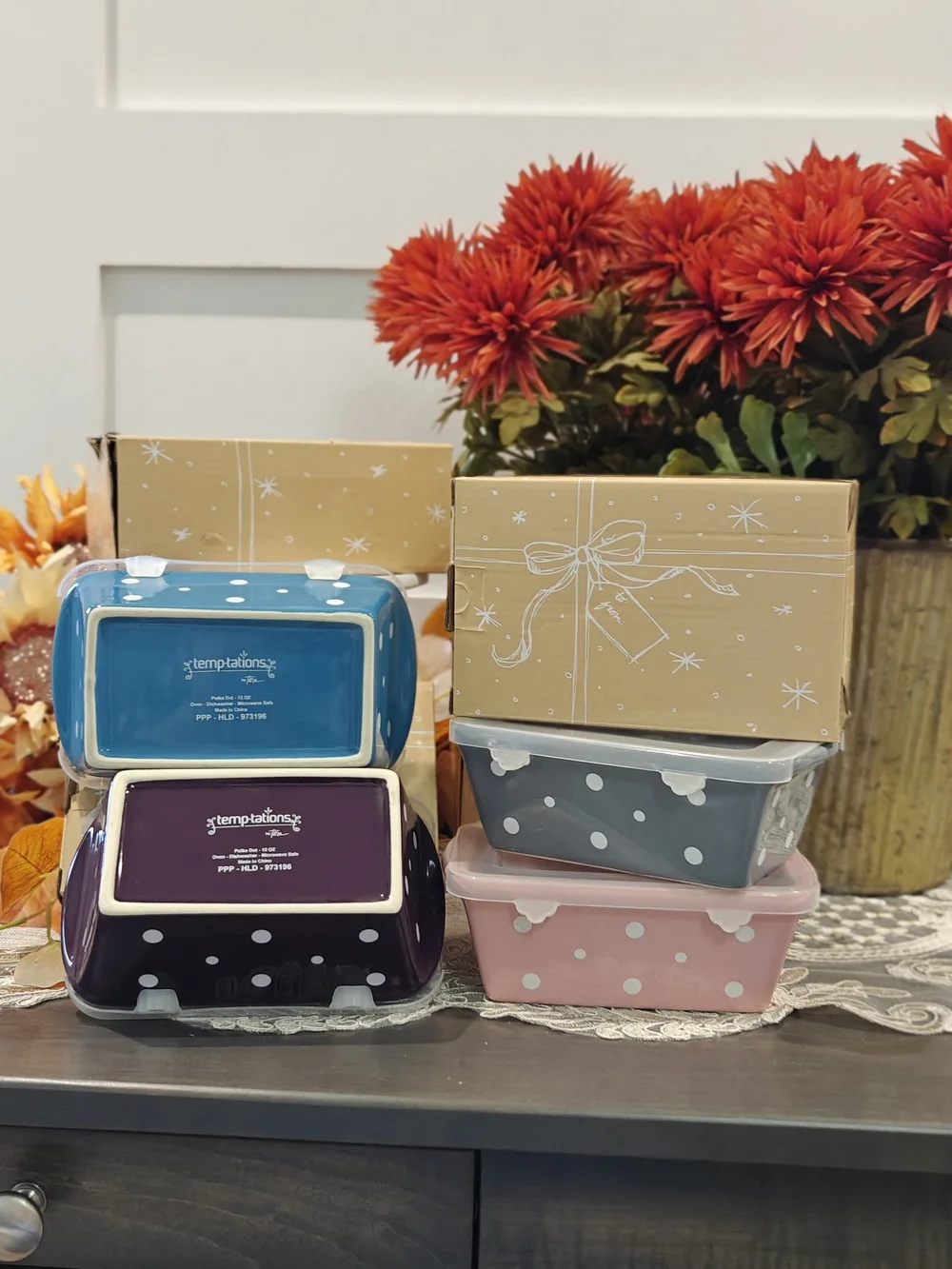 Temptations Polka Dot Stackable Food Storage Set - Purple, Pink, Gray, Blue S/4